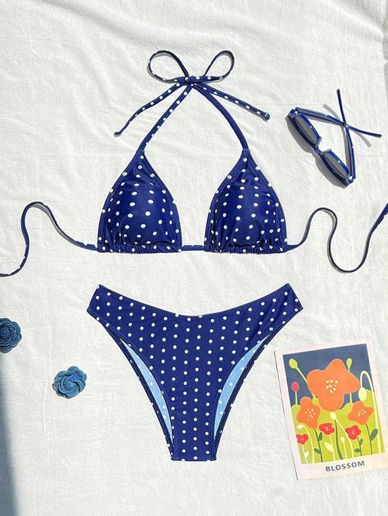 Bikini Set, Rood met Witte Polka Dots, Halter Driehoek Top en Slip (DE/NL/SE/PL, Alfabetisch, L, Blauw)