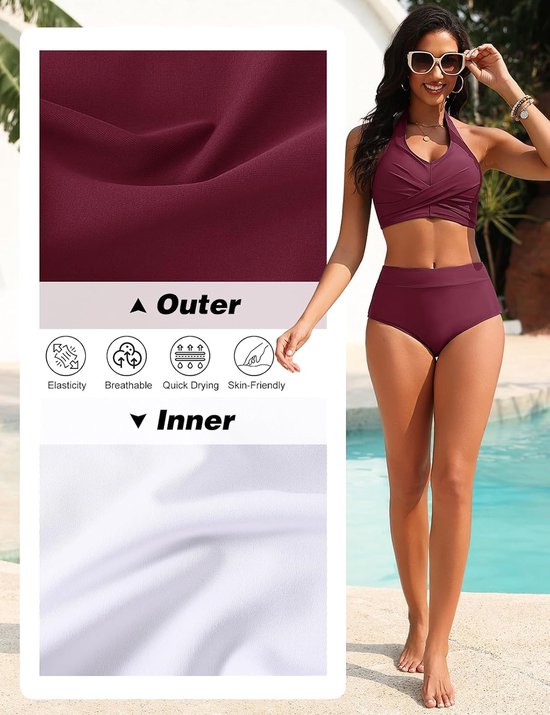Bikini voor dames, buik-weg-badpak, tweedelig, hoge taille, badmode, sexy V-hals, nekhouder, push-up, grote borsten, bloemenpatroon, zwempak