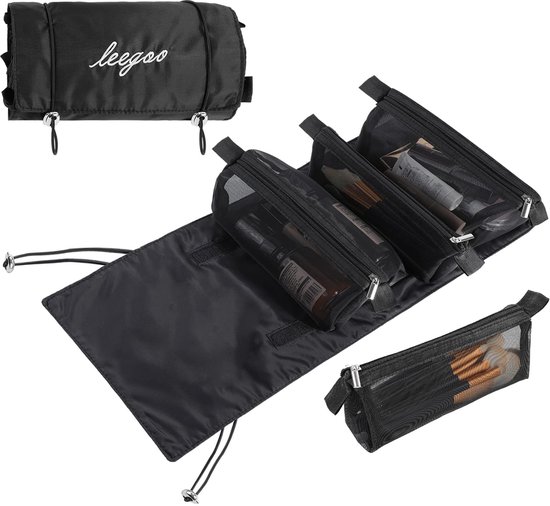 Black Mesh Travel Bag for Women, Removable 4-in-1 Cosmetic Bag for Hanging, Roll-Up Organiser Bag, Makeup Organizer for Men and Women, Black, Black