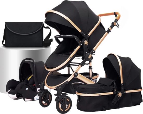Bloominggoods® 3 In 1 Kinderwagen - Reiswieg - Buggy - Inklapbaar - 0-36 Maanden - Kleur Zwart Goud - Inclusief Autostoel van Bloominggoods®