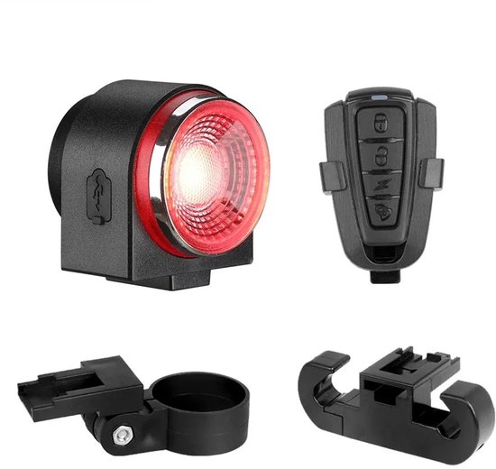 BlueTime - Fietsachterlicht met Alarm – USB oplaadbaar – Slim Remlicht – IP65 waterdicht - Inclusief 1 Afstandsbediening - Fietsalarm met afstandsbediening - Fietsalarm - Scooter alarm