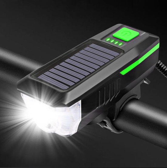 BMRO - LED Fietsverlichting Met Claxon-solar -USB en Zonne- Energie Oplaadbaar - Fietslamp Voorlicht - Waterdicht – groen/zwart