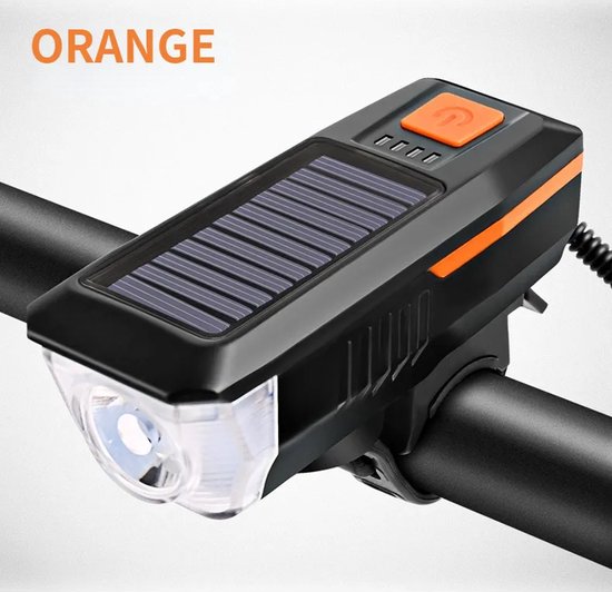 BMRO - LED Fietsverlichting Met Claxon- solar -USB en Zonne- Energie Oplaadbaar - Fietslamp Voorlicht - Waterdicht - Oranje