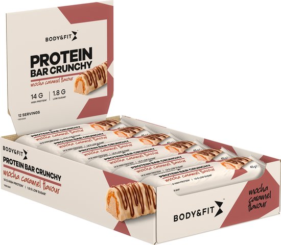 Body & Fit Protein Bar Crunchy - Knapperige Eiwitreep - Proteïne Repen - Mokka Karamel - 540 gram (12 Eiwitrepen) van Merkloos