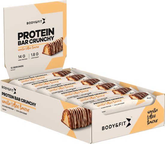 Body & Fit Protein Bar Crunchy - Knapperige Eiwitreep - Proteïne Repen - Vanille Toffee - 540 gram (12 Eiwitrepen) van Merkloos