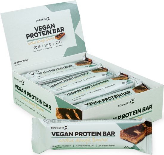 Body & Fit Vegan Protein Bar - Plantaardige Proteïne Repen - 20 Gram Eiwit - Cookie Dough - 12 Eiwitrepen (720 gram) van Merkloos