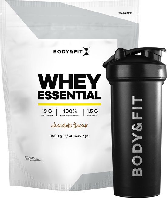 Body & Fit Whey Essential Chocolade 1000 gram - Whey Protein - Proteine poeder + Essential Shaker 700 ml
