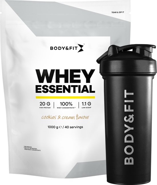 Body & Fit Whey Essential Cookies & Cream 1000 gram - Whey Protein - Proteine poeder + Essential Shaker 700 ml van Merkloos