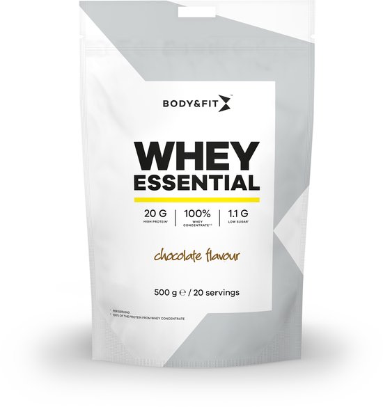 Body & Fit Whey Essential - Eiwitpoeder - Proteine Poeder - 100% Whey Eiwitconcentraat - Whey Protein - Eiwitshakes - Chocolade - 500 gram (20 shakes)