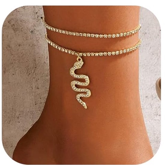 Boho Layered Rhinestone Anklets Gold Snake Anklets Beach Crystal Foot Jewelry for Women and Girls, Stone