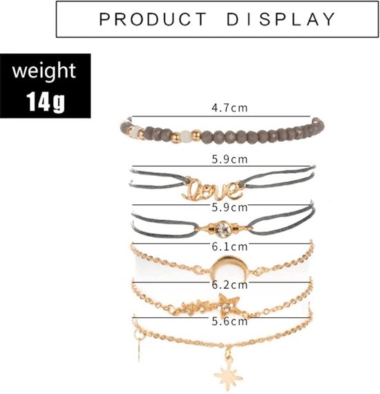 Boho Layered Star and Moon Bracelets Gold Beaded Bracelet Sets Rhinestone Hand Chains Love Hand Jewelry for Women and Girls (6PCS) van Merkloos