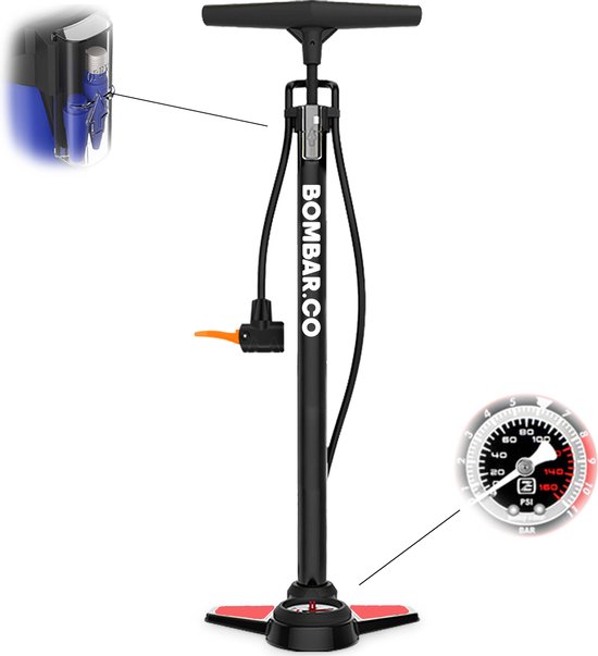BOMBAR - Fietspomp met 11Bar Drukmeter + Extra Ventielen - Multifunctioneel Mondstuk voor Presta & Schräder - 1kg. Aluminium Frame - Compact - Inklapbaar Voetstuk - Vloerpomp voor Scooterbanden, Autobanden, Opblaasspeelgoed en Ballen van BOMBAR