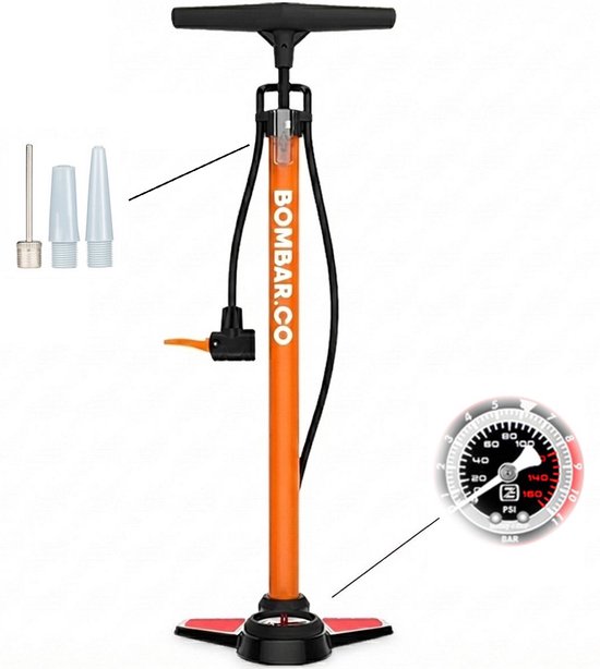 BOMBAR Fietspomp met Drukmeter 11 Bar / 160 PSI – Vloerpomp Inclusief Ventieladapters – Voor Fiets, Auto, Scooter & Ballen – Aluminium – Oranje van Merkloos