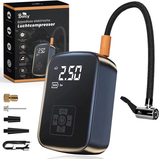 Boncy® Elektrische Fietspomp met Drukmeter - Geschikt voor Autobanden Voetbal Basketbal Ballen Fiets - Luchtcompressor Bandenpomp Lucht Compressor - Elektrisch Balpomp Draadloze Draagbare Luchtpomp - Bal Pomp Accu Draadloos Electrisch 12v Autoband van Merkloos