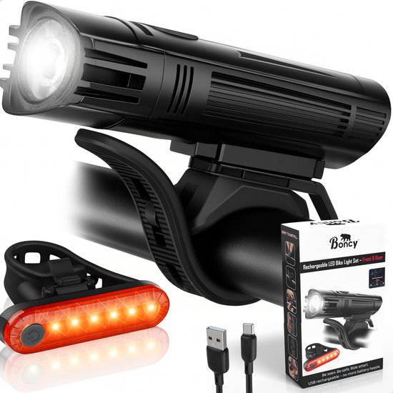 Boncy® Premium Fietslamp Set - USB Oplaadbaar - Fietsverlichting Voorlicht & Achterlicht Fiets - Fietslicht LED Verlichting Voor en Achter - Oplaadbare Fietslampjes Wit & Rood - Koplamp Fietslichten Voorlamp & Achterlamp - Mountainbike Licht Lamp van boncy