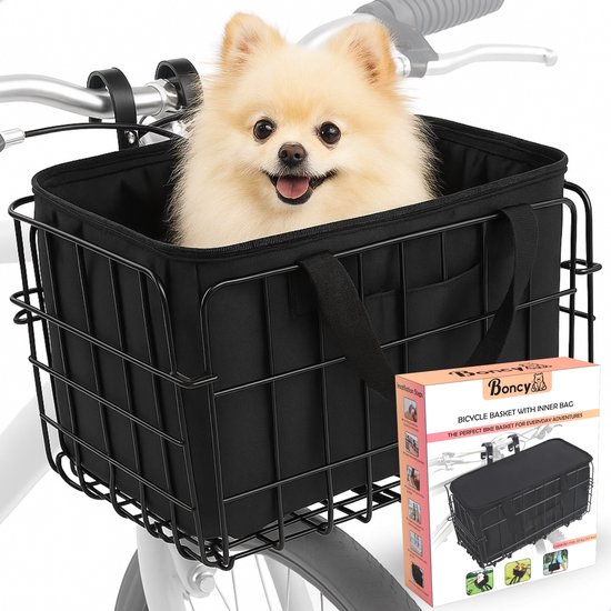 Boncy® Premium Fietsmand Hond & Boodschappen - Fietskrat met uitneembare tas - Hondenmand Fiets Mand Voorop of Achter - Fietsmanden Krat Zwart - Fietskratten Elektrische Fiets - Bagagedrager 40 liter van Merkloos