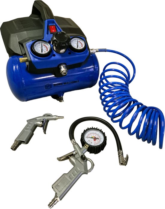 Borg 6 liter Silent - Olievrije - Compressor + 3 delig luchtset - 550 watt - 59 Db - Stille Compressor - Montage compressor