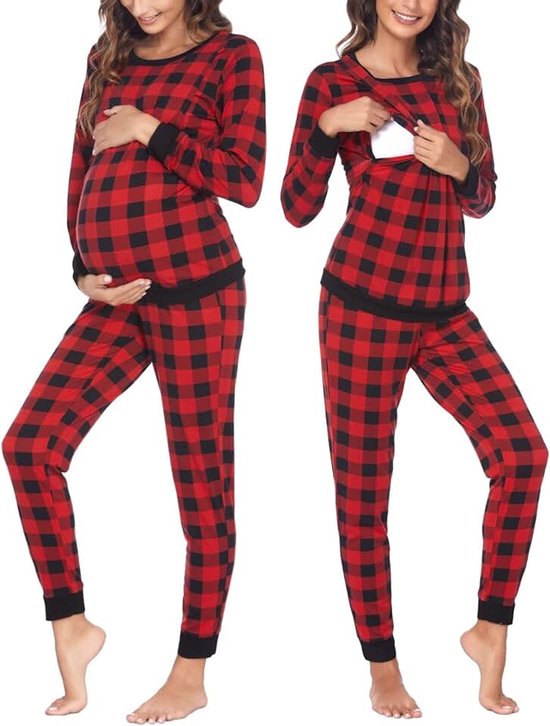 Borstvoedingspyjama voor dames, lange mouwen, gestreept, thermische zwangerschapspyjama, set winter, S-XXL