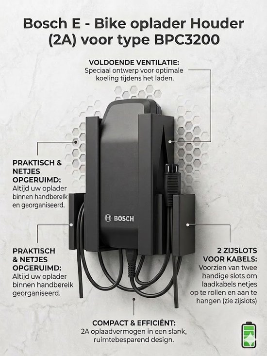 Bosch E-Bike Oplader Houder BPC3200 (2A) - Wandhouder met Stekkeropslag - Snel te Monteren in 5 Minuten - Stevig & Praktisch Design van Bosch