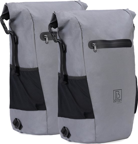 Brisby 40-52 Liter 3 in 1 Waterdichte Rolltop Fietstassen SET van 2 - Rugtas - Schoudertas - Ook Voor Elektrische Fiets - 100% Reflectie van Brisby