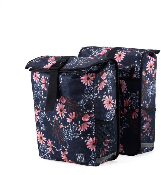 Brisby Dubbele Fietstas Rolltop Zwart 39-48L Waterdicht Geschikt voor Elektrische Fietsen & E-Bike - Japanese Flower van Brisby