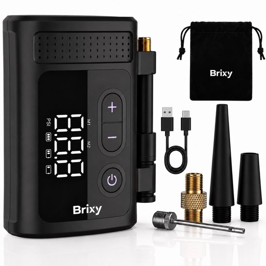 Brixy Elektrische Fietspomp XS - 128 Gram - Draagbaar - Tot 10.34 Bar - Mini Luchtcompressor - Oplaadbaar - Fiets, E-Bike, Scooter & Motor - Zwart
