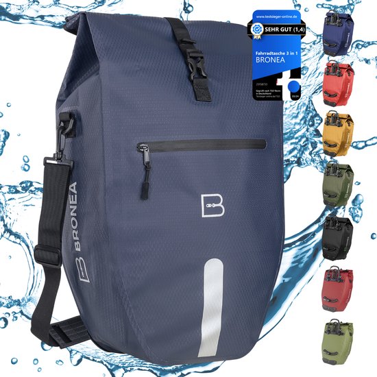 BRONEA® 2-in-1 Fietstas elektrische fietsen | XXL 28 liter | INNOVATIEF CLICK-SYSTEEM | Afneembare Fietstas voor alle bagagedragers | 100% Waterdicht & reflecterend | Laptop-compartiment | JEANSBLUE van BRONEA