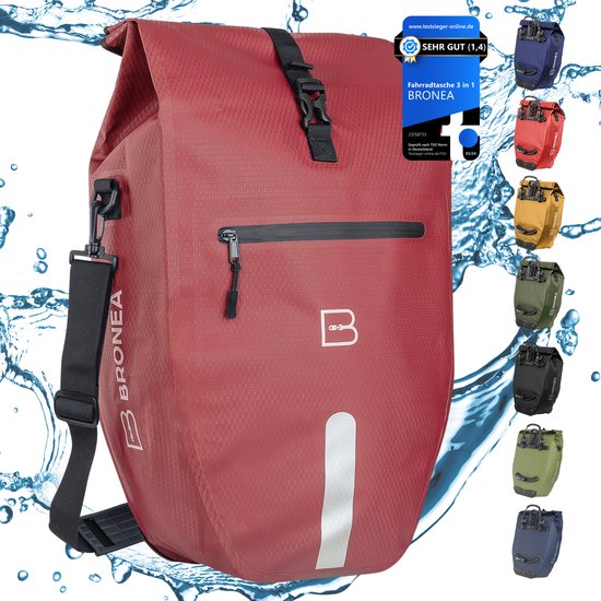 BRONEA® 2-in-1 Fietstas elektrische fietsen | XXL 28 liter | INNOVATIEF CLICK-SYSTEEM | Afneembare Fietstas voor alle bagagedragers | 100% Waterdicht & reflecterend | Laptop-compartiment | WINERED van BRONEA