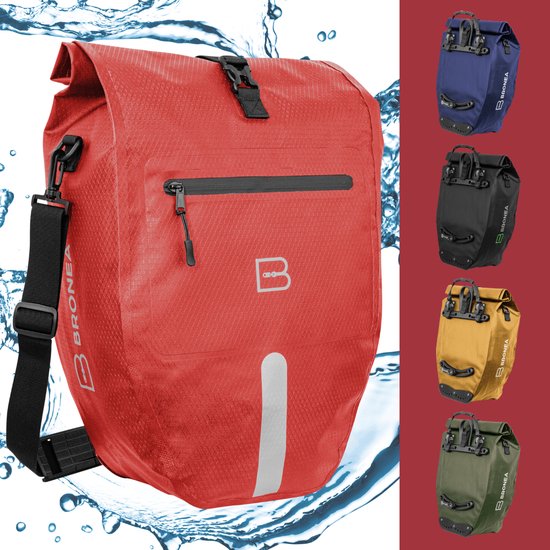 BRONEA 2-in1 Fietstas elektrische fietsen | XXL 28 liter | INNOVATIEF CLICK-SYSTEEM | Afneembare Fietstas - Schoudertas - Handtas - geschikt voor alle bagagedragers | 100% Waterdicht & reflecterend | Inclusief laptop-compartiment | ROOD van BRONEA