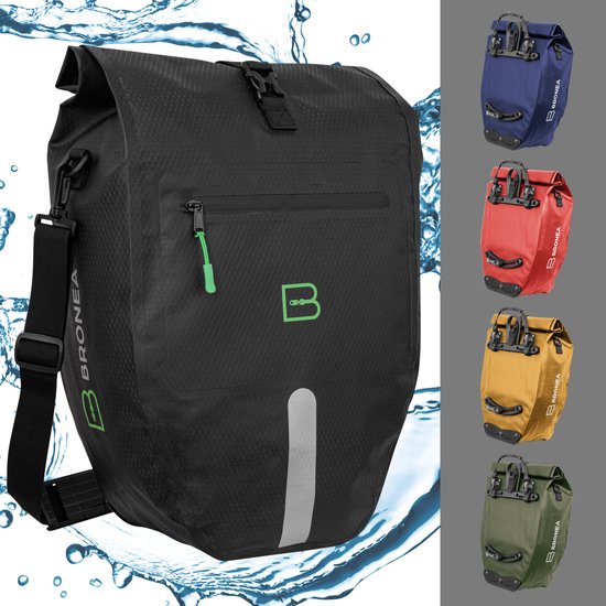 BRONEA 2-in1 Fietstas elektrische fietsen | XXL 28 liter | INNOVATIEF CLICK-SYSTEEM | Afneembare Fietstas - Schoudertas - Handtas - geschikt voor alle bagagedragers | 100% Waterdicht & reflecterend | Inclusief laptop-compartiment | ZWART van BRONEA