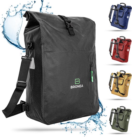 BRONEA 3-in-1 Fietstas elektrische fietsen | 100% Waterdicht | XXL 28 Ltr | Combi rugzak & schoudertas | Bagagedrager Fietstas | WaterBlock materiaal | Geïntegreerde laptoptas | Quick-release montage - Past altijd | ZWART van BRONEA