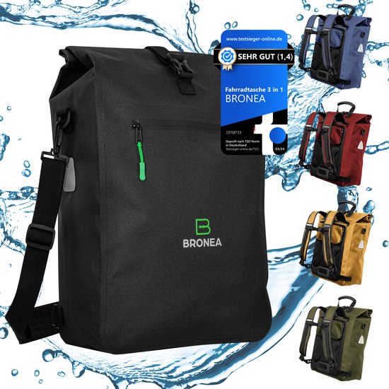 BRONEA - LUXE 3 in 1 Fietstas elektrische fietsen | PVC-VRIJ - Milieuvriendelijk | 100% Waterdicht | 28 Ltr | Rugzak - Ergonomisch gepolsterd & Schoudertas & Laptop compartiment | INNOVATIVE Quick-release | ZWART van BRONEA