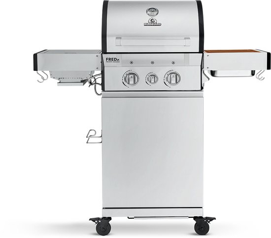 BURNHARD® 2 Branders gasbarbecue FRED Jr. Deluxe Series 3 incl. 900°C keramische infraroodbrander, gietijzeren grillrooster + inklapbare zijtafels van Burnhard