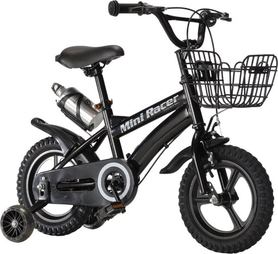 Buxibo Mini Racer - 12 Inch Kinderfiets met Zijwielen - Stoere Fiets voor Kinderen 2-4 Jaar - Verstelbaar Zadel en Stuur - Met Opbergbak en Mand - Perfect voor Leren Fietsen - Zwart van Buxibo