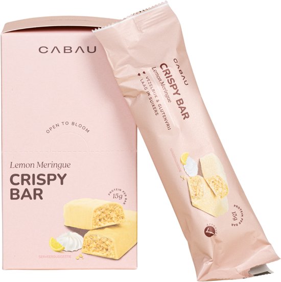 Cabau - Crispy Bars - Eiwitreep met 15 g Proteïne per Reep - Glutenvrij, Vezelrijk & Laag in Suiker - Box van 8 Stuks - Lemon Meringue van Cabau