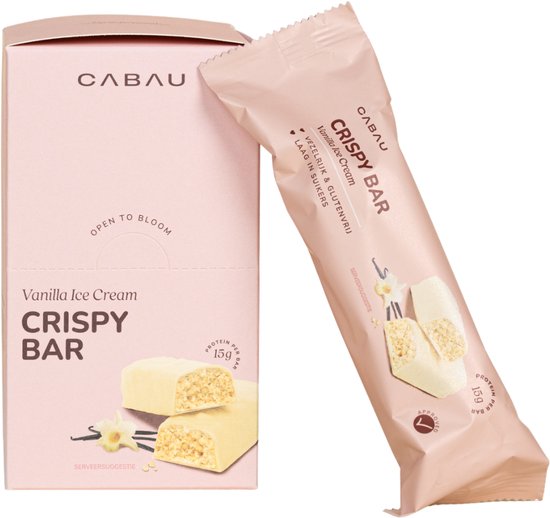 Cabau - Crispy Bars - Vanilla Ice Cream - Eiwitreep met 15 g Proteïne per Reep - Glutenvrij, Vezelrijk & Laag in Suiker - Box van 8 Stuks van Cabau