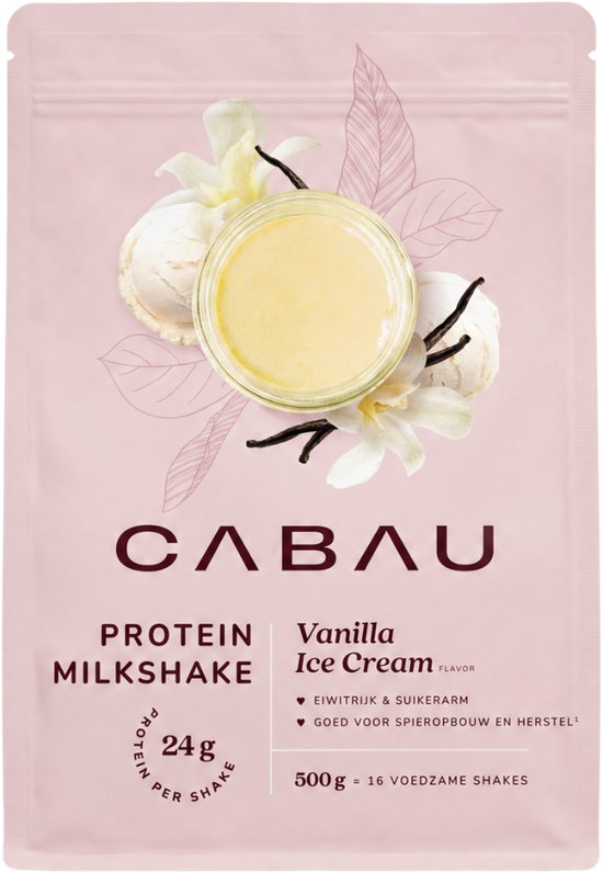 Cabau – Protein Milkshake – Vanilla Ice Cream – Romige Eiwitshake met 24 g Eiwit & Slechts 115 Kcal – Ondersteunt Spiergroei, Spierherstel & Vetverbranding – Gezonde Shake voor Vrouwen – Snel & Makkelijk te Bereiden – 500 g (16 Shakes)