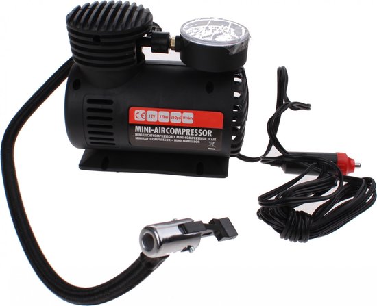 Carpoint Mini luchtcompressor - Bandenpomp - Maximaal 17BAR of 250PSI - Verschillende adapters - Oppompen van opblaasbaar speelgoed & (voet)ballen - Kabellengte 3 meter