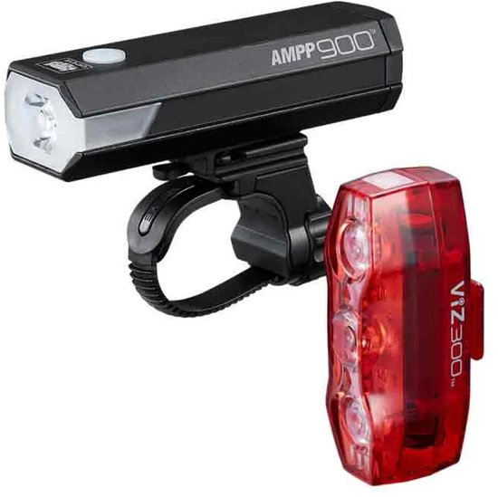 Cateye Ampp900 + Viz300 Verlichtingsset - Fiets Verlichting - Lumen: 900/300 - Stuurdiameter: 22-35mm - USB Oplaadbaar - Zwart/Rood