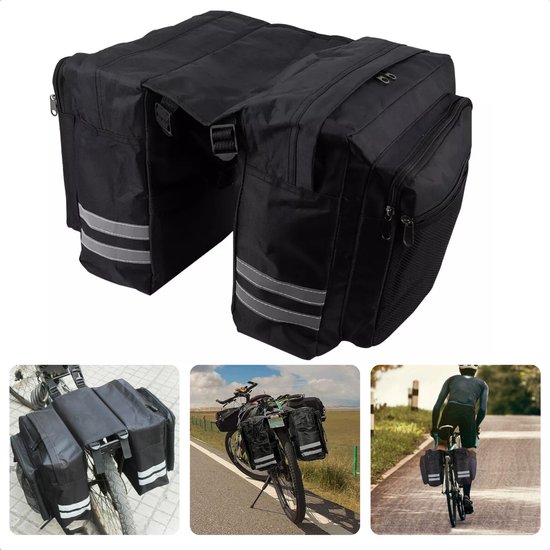 Cheqo® Dubbele Fietstas - 30 Liter - Waterafstotend - Reflectiestrepen - Oxford 600D Polyester - Ook voor Elektrische Fiets van Cheqo®