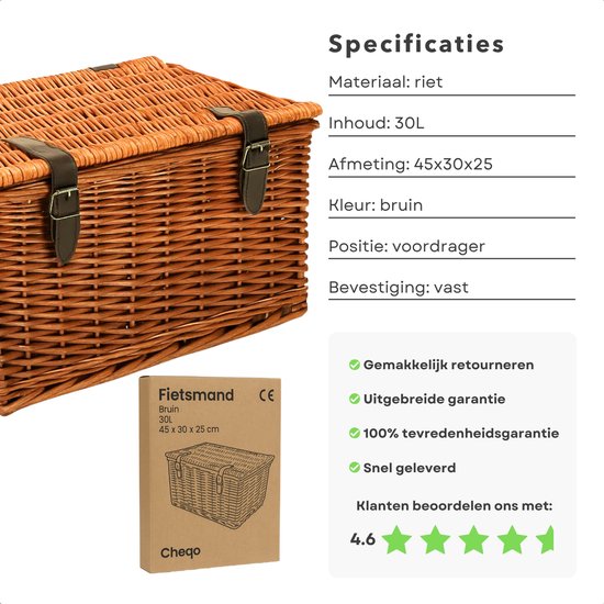 Cheqo® Fietsmand Riet 30L – Bakkersmand Bruin met Deksel & Riempjes – Voorrek Fietsmand – Nostalgisch Design – Vaste Montage – Picknickmand – Boodschappenmand – Stevige Rieten Mand voor Omafiets van Cheqo
