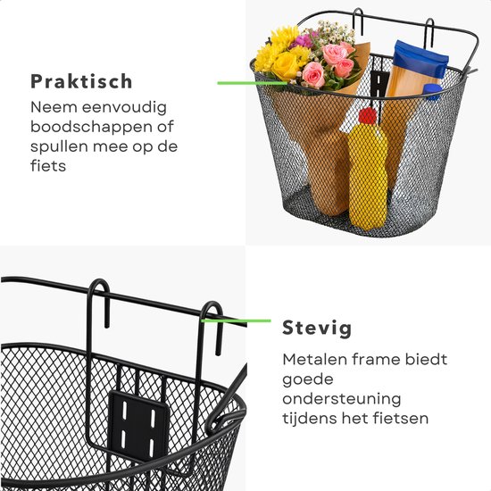 Cheqo® Fietsmand Stuur – Afneembare Metalen Fietsmand met Haken & Handvat – Zwarte Fietsmand Voorop – Voor Stadsfiets & Elektrische Fiets – Stevige Fietsmand Voor Boodschappen, Picknick, Schooltas & Jas van Merkloos