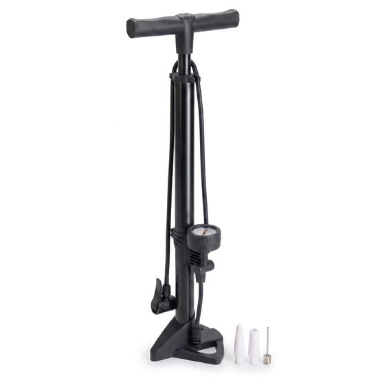 Cheqo® Fietspomp Staand - Vloerpomp met Manometer en Drukmeter - Geschikt voor Alle Ventielen - Dunlop Ventiel - Presta Ventiel - Schrader Ventiel - Hogedruk Pomp - Dubbele Ventielkop - Ballenpomp - Luchtpomp - Fietsaccessoires - Zwart