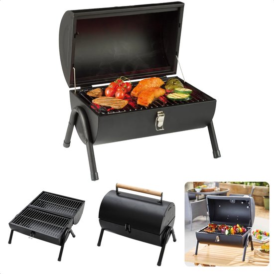 Cheqo® Houtskoolbarbecue - BBQ - Cilinderbarbecue - Tafel BBQ - Barbecue Cilindervorm - Tafelmodel - Mat Zwart - 2-zijdig Gebruik - 2 Rekken/Platen - 17 cm Grillhoogte - Metaal - Afsluitbaar Deksel - Compact - 41 x 26 x h36 cm - Ook voor Camping van Cheqo
