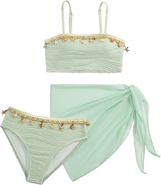 Cherry Badpak meisjes bikini set 3-delig zomer schelpdecoraties badmode set met rok tiener strand zwemmen badkleding voor kinderen 8-12 jaar