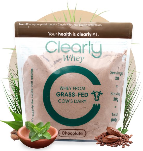 Clearly Whey Protein Chocolade – Grasgevoerde Eiwitpoeder – 23g Eiwit per Portie – Ondersteunt Spieropbouw, Herstel en Energie – 840g / 28 Porties