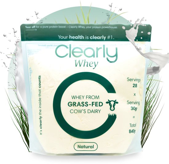 Clearly Whey Protein Naturel – Grasgevoerde Eiwitpoeder – 24g Eiwit per Portie – Ondersteunt Spieropbouw, Herstel en Energie – 840g / 28 Porties
