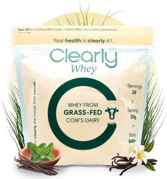 Clearly Whey Protein Vanille – Grasgevoerde Eiwitpoeder – 23g Eiwit per Portie – Ondersteunt Spieropbouw, Herstel en Energie – 840g / 28 Porties van Merkloos