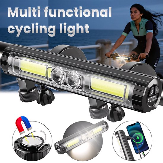 COB-fietsverlichtingsset – Voorlicht – Oplaadbaar via USB – Geschikt voor mountainbikes en racefietsen – Waterdicht ontwerp – Nood-powerbank voor telefoons