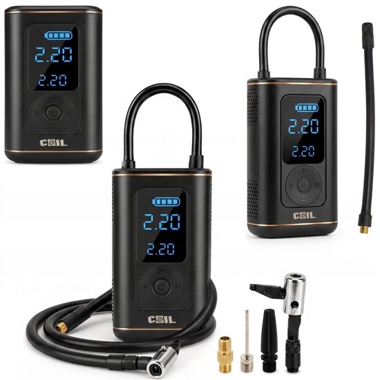 COIL Draadloze Luchtcompressor 150 PSI / 10 Bar – Elektrische Fietspomp & Autobandenpomp met LED-Lamp, LCD Display, Ingebouwde batterij: 2000 mAh 7,4 V, USB-C Oplaadbaar